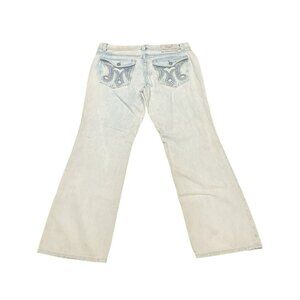 Mek Denim USA Jeans Bilbao Mens 40x34 Straight Distressed Embroidered Light Wash